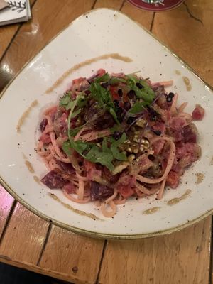 Winter Pasta mit roter Beete und Nusspesto  at Casbah in Siegburg