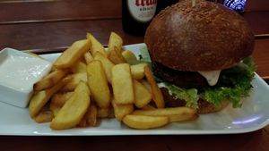 Vegan burger with fries and homemade vegan mayonnaise at Casbah in Siegburg