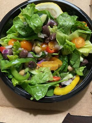 Greek salad without feta - good! Fresh veggies, chickpeas, and olives in a vegan vinaigrette  at Zaza in Conway