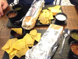 daily menu-burrito,nachos with salsa and water at Black Chili in Valencia