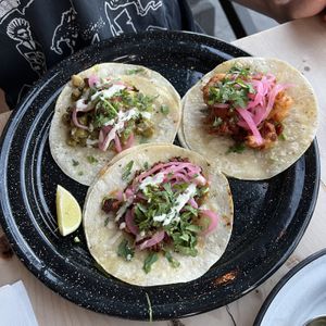 Mix and match taco trio: 1 cactus, 1 tofu chorizo, 1 cauliflower  at Hugo's Mexican Kitchen in Chilliwack