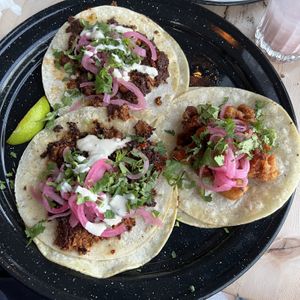 Mix and match taco trio: 2 tofu chorizo, 1 cauliflower   at Hugo's Mexican Kitchen in Chilliwack
