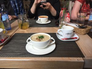 Cream of Vegetable soup with smoked Tofu (vegan) and Soya Cappucino at Pierogarnia Mandu Oliwa in Gdansk