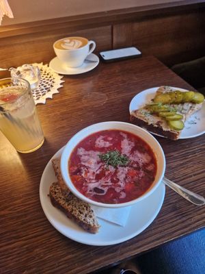 Borscht and sandwich, as other reviews have said, the sandwich tastes a lot better than it looks! at Retro in Gdansk
