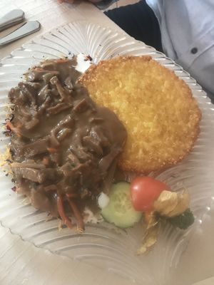 Seitan-Geschnetzelte mit Pfannen Rösti  at Landgasthof Hindelwanger Adler in Stockach