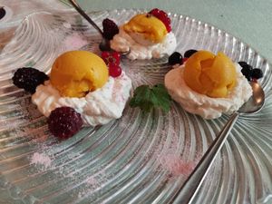 Vegan Dessert: Coconut Mousse, Mango Sorbet and Frozen Berrys at Landgasthof Hindelwanger Adler in Stockach