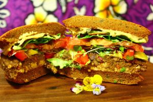 Sandwiches are served on vegan sweet potato buns prepared on site. at LaniLove Gluten-Free Breads in Kahuku