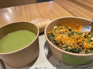 Vegan pea soup and lentil bowl lunch   at EXKi - Rue Neuve in Brussels