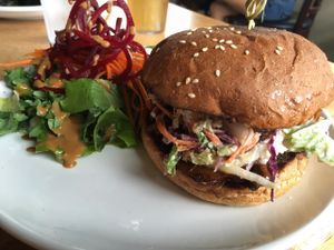 BBQ Portobello Sandwich with greens at Ai Love Nalo in Waimanalo