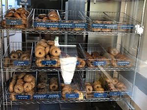 Vegan bagel options, if you zoom in you’ll see it says “vegan” on the bottom right of each name tag at Blazing Bagels in Bellevue