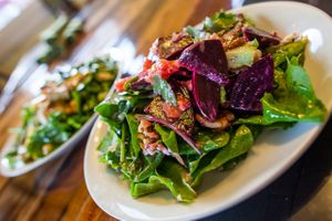 Beet Salad-Greenmans Garden greens, walnuts, grapefruit, goat cheese, red onion, and roasted beets. Grapefruit Vinaigrette  at Cultivate Cafe in Destin