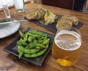 Edamame, hummus, frosty beer at Casa Tapas in New Territories