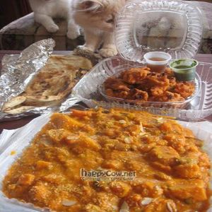 Takeout - vegan navraten korma, naan, and pakoras with mint and tamarind chutney. at India Chaat House - Food Truck in Portland