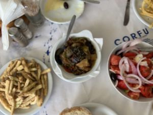 Briam, fried courgette and salad  at Imerolia Beach Restaurant in Corfu