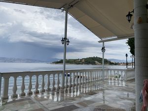 The view on a rainy day  at Imerolia Beach Restaurant in Corfu