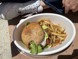 Enthusiastic mushroom burger at Cafe Gratitude in San Diego