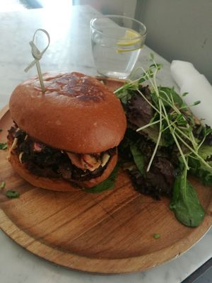 I am happy. Delicious. Loved the salad dressing, too. at Cafe Gratitude in San Diego