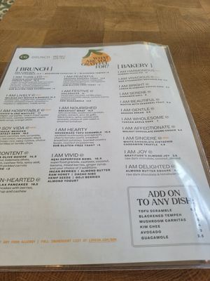 Menu at Cafe Gratitude in San Diego