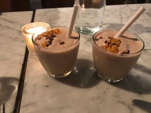 “Decadent” milkshakes we split between two. Crazy yum at Cafe Gratitude in San Diego