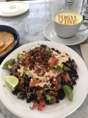 Taco Breakfast & Turmeric latte  at Cafe Gratitude in San Diego