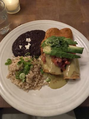 Jackfruit enchiladas  at Cafe Gratitude in San Diego