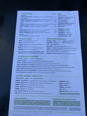 Drink menu at Cafe Gratitude in San Diego