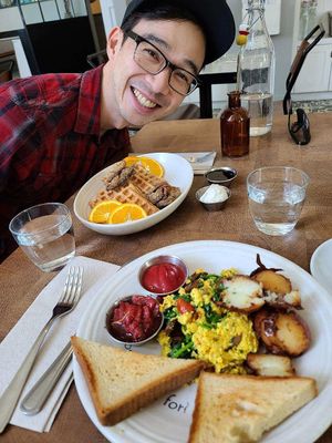 Tofu scramble and “chicken” & waffles   at Cafe Gratitude in San Diego