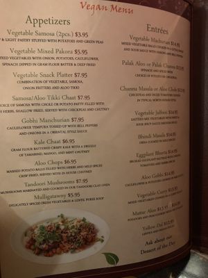 Vegan menu selections  at The Nizam's in Egg Harbor
