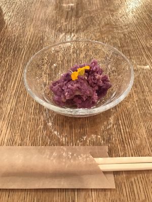 Purple sweet potato and apple Shiraae as appetiser  at Brown Rice ブラウンライス in Tokyo