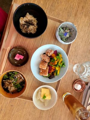 Tempe and tofu cutlets set with rice, soup, salad and pickles at Brown Rice ブラウンライス in Tokyo