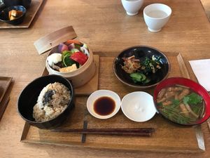 Bamboo steamed vegetables with brown rice at Brown Rice ブラウンライス in Tokyo