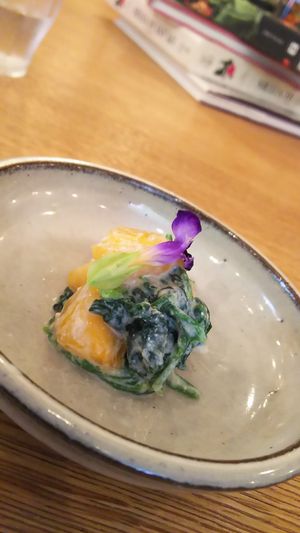 Sesame, kaki and spinash appetizer at Brown Rice ブラウンライス in Tokyo