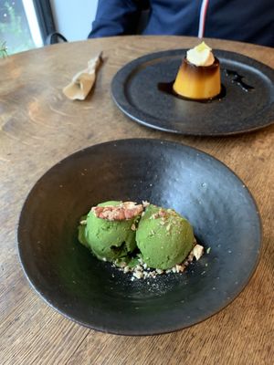 Matcha tofu based ice cream and pumpkin flan at Brown Rice ブラウンライス in Tokyo