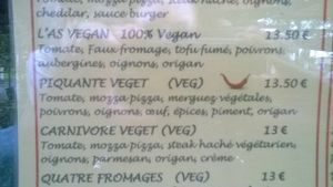 L'As Vegan, pizza 100% vegan avec fromage vegan, 13.50€ ... Et d'autres pizzas végétariennes. at O Chato in Caen