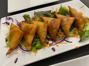 Samosas (mild, not spicy at all). Super yummy!  at Bambú in Vigo