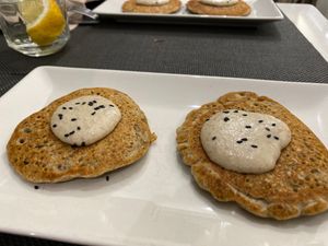 Starter for meal of day. Savoury pancakes  at Bambú in Vigo