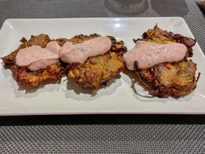 Pakoras with beetroot tzatziki   at Bambú in Vigo