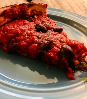 Vegan pizza extra olives  at Patxi's Pizza in San Carlos