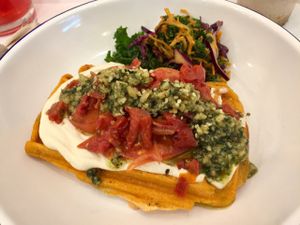 pesto cashew mozzarella waffle at Väcka in Barcelona