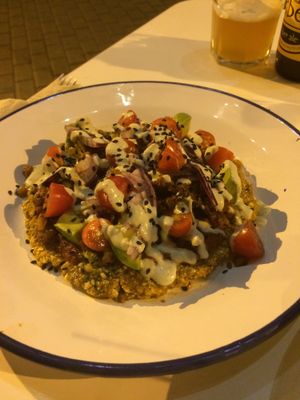 Chilli pizza on raw buckwheat base. DELICIOUS  at Väcka in Barcelona