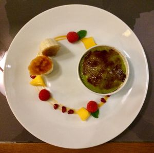 Avocado and apricot cream brûlée  at Etnosvet in Prague