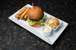 Lentil burger 'New for summer 2019 menu' at Etnosvet in Prague