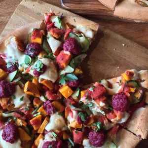Farmers market pizza with vegan soy cheese at Theo & Co Pizzeria in East Victoria Park