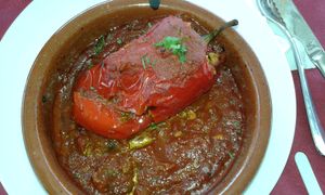 Stuffed Pepper with rice and mushrooms in tasty tomato sauce at Svarog in Guardamar Del Segura