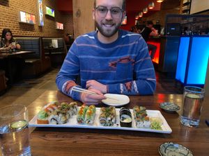 The roll furthest to the left is wrapped in a barbecue skin of some kind that makes the roll taste like a BLT. Crazy! at Blue Sushi Sake Grill in Denver