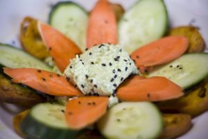 Edamame Hummus with veggies and lotus root at Blue Sushi Sake Grill in Denver