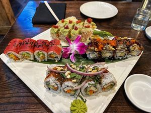 clockwise from 12 vegan Eden, vegan Black Dragon, vegan Thai Hippie, vegan Black Dragon   at Blue Sushi Sake Grill in Denver