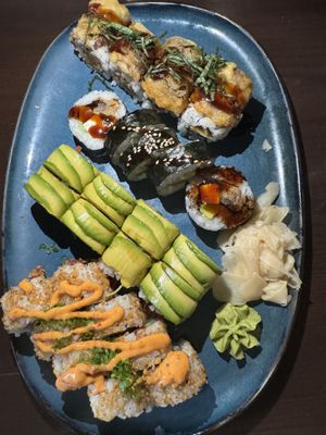 Shitaake to me, Unami maki, green goddess, spicy kaluna crunch (top to bottom)  at Blue Sushi Sake Grill in Denver