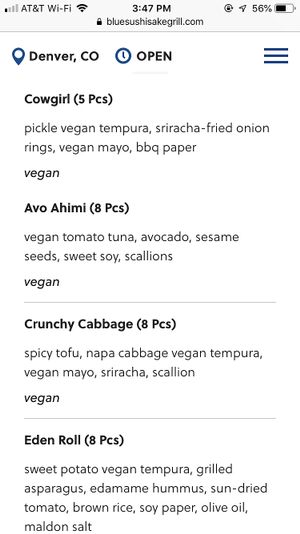 Vegan rolls  at Blue Sushi Sake Grill in Denver