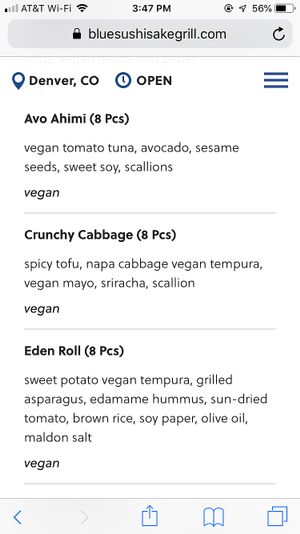 Vegan rolls at Blue Sushi Sake Grill in Denver